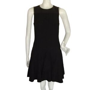 HALSTON HERITAGE Dress, 8, Black, LEATHER trim, Fit & Flare, Sleeveless